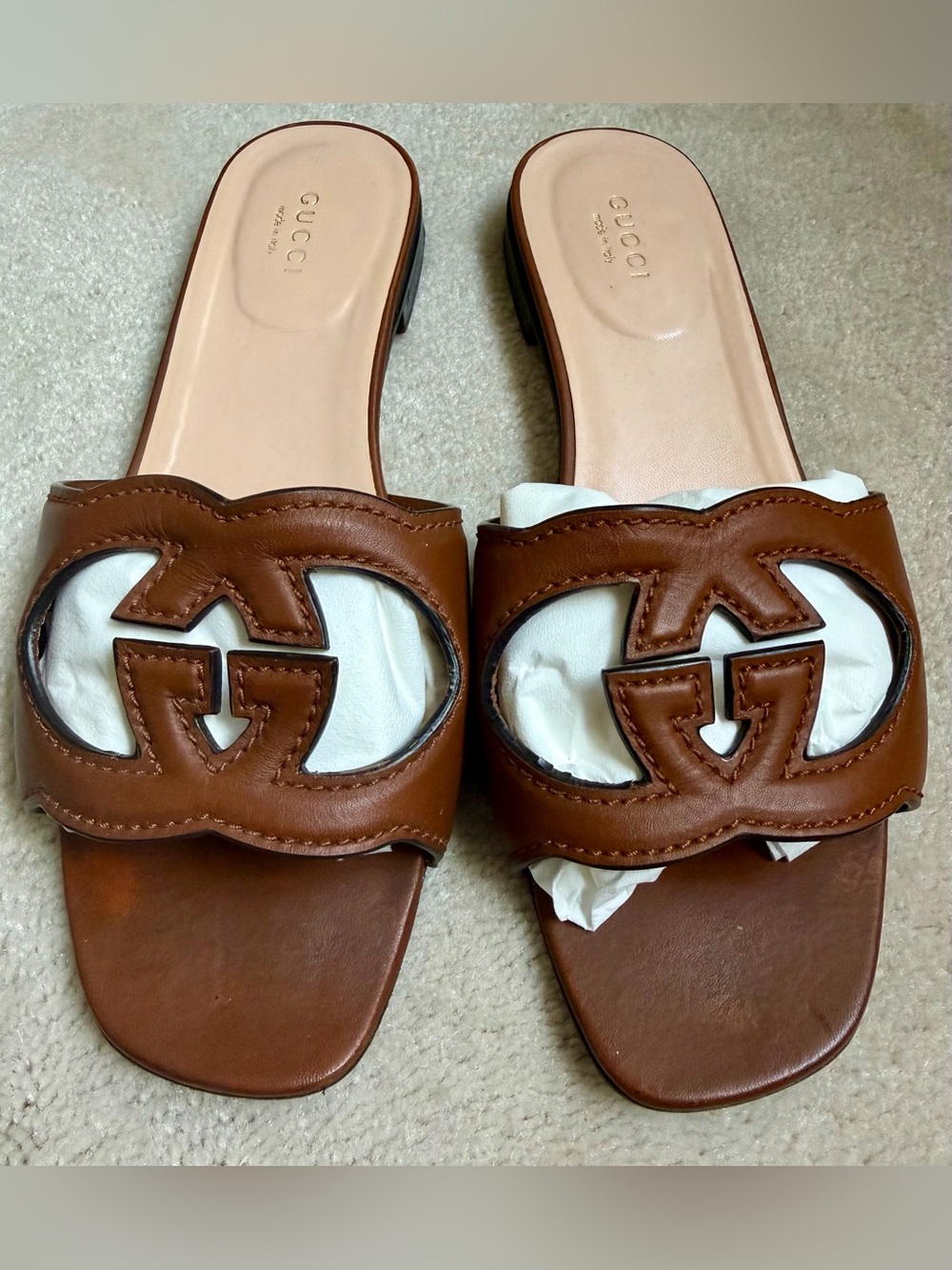 Gucci Cuir Brown Leather GG Open-Toe Slide Mules